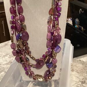 Vibrant Purple and Gold Multi-Strand Glass and Crystal Beaded Necklace